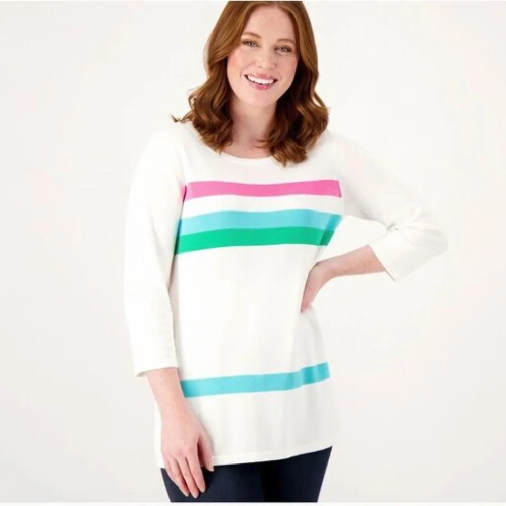 Belle by Kim Gravel White Striped 3/4 Sleeve Lightweight Sweater Size S (6-8)